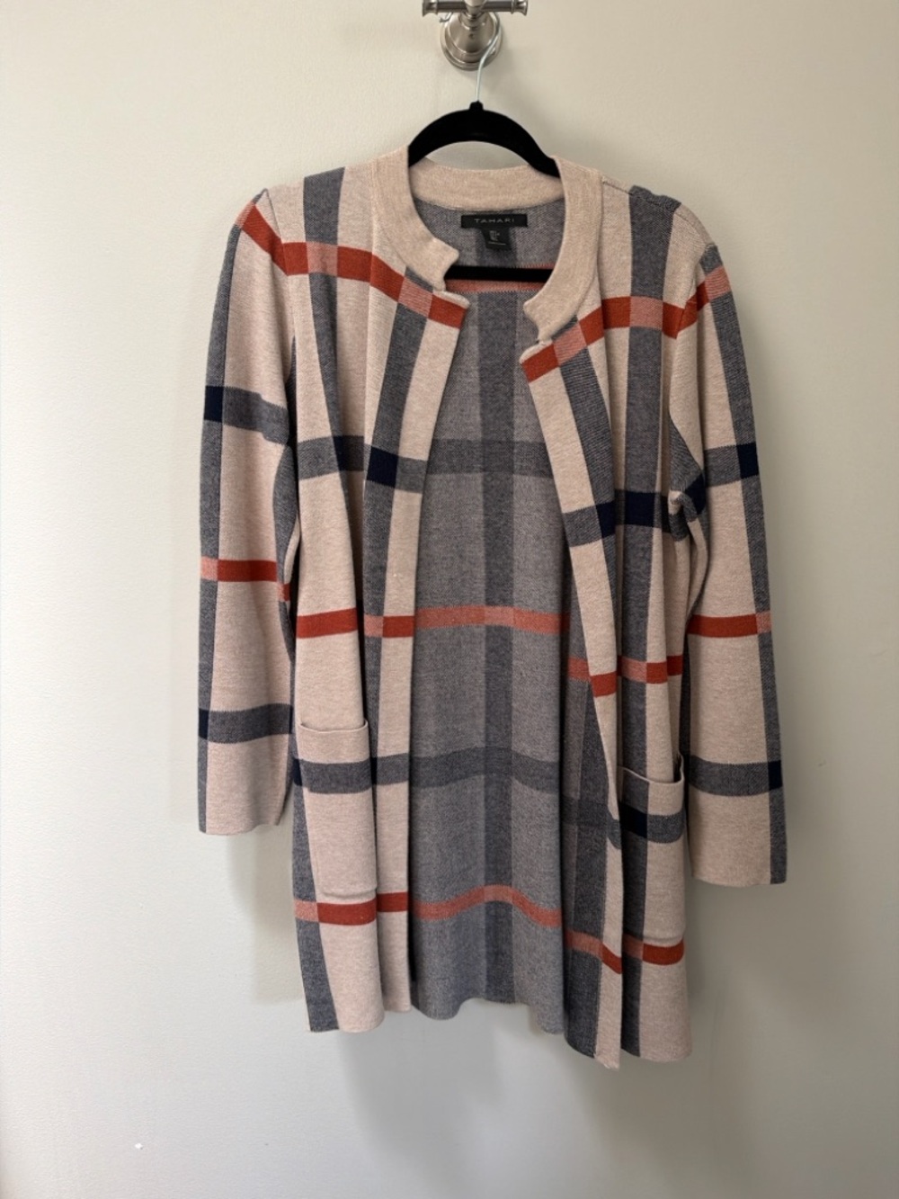 Tahari Plaid Open Front Cardigan Sweater Size L Beige Gray Red